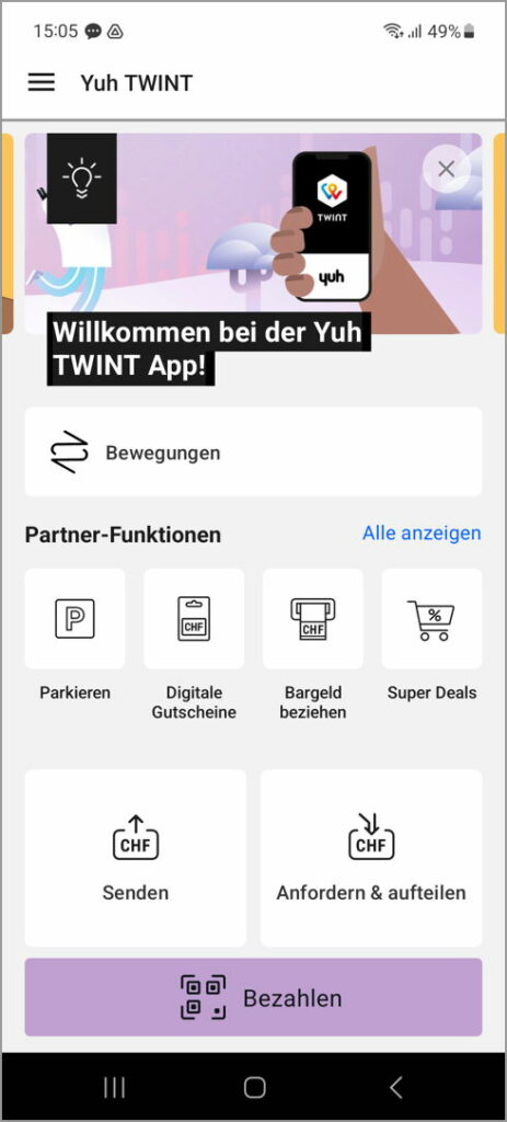 Das Bild zeigt das Dashboard der neuen Yuh Twin App