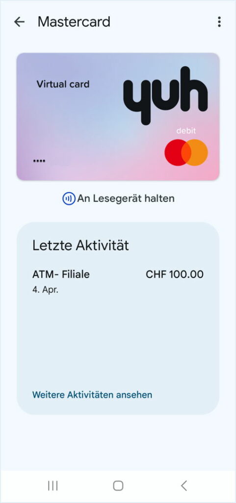 Mit der virtuellen  Yuh Karte Geld abheben