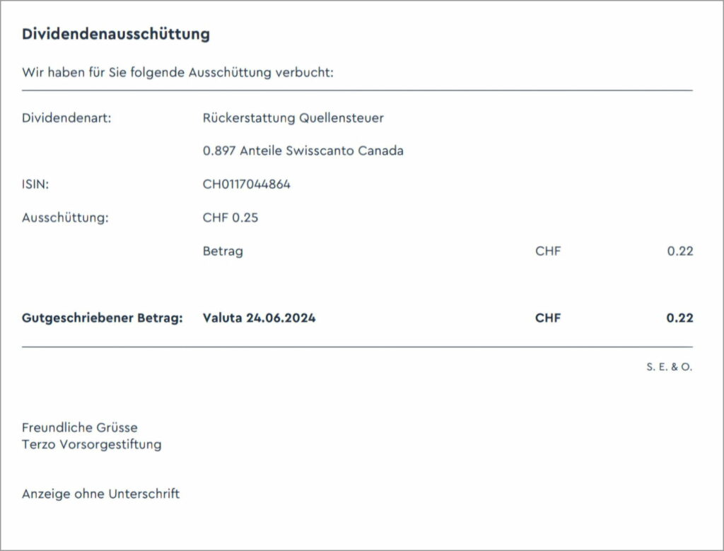 Minimaler Ertrag Dividenden-Rückerstattung: Quellensteuer Vorsorgefonds Saeule 3a