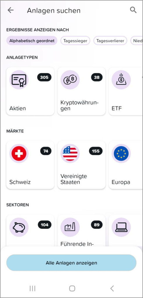 Auswahl Yuh Aktien ETF Liste direkt in der Banking-App